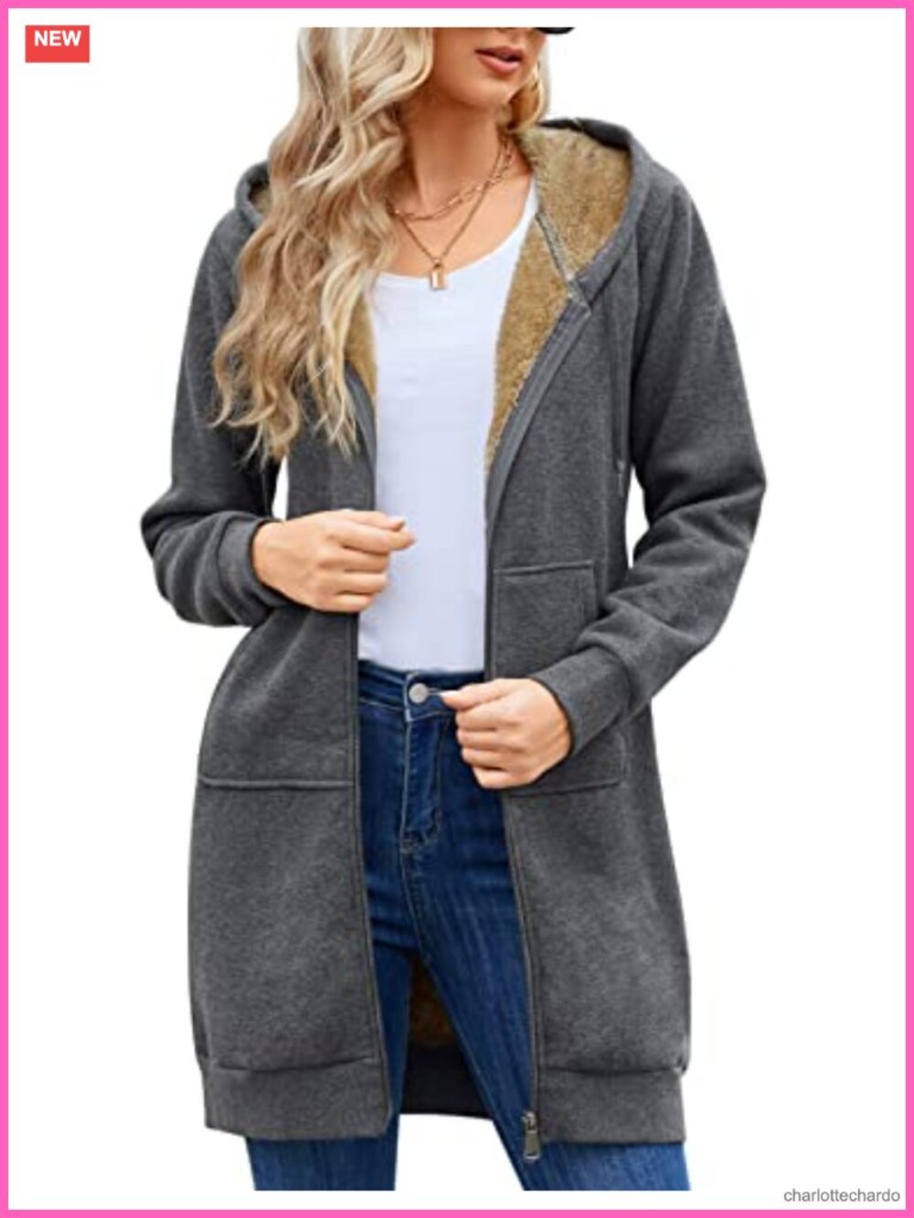 Women's Zip Up Fleece Hoodie Jacket Long Tunic Cotton Blend